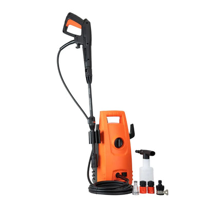 Orange pressure washer with black hose and nozzles on a white background