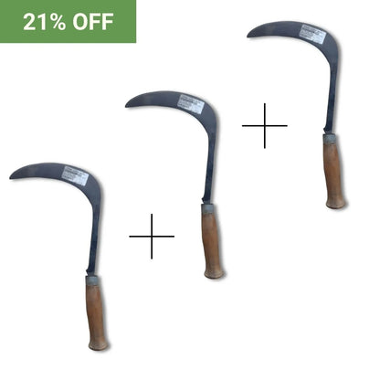 Three sickles with wooden handles on a white background, with a '21% OFF' label in the top left corner.