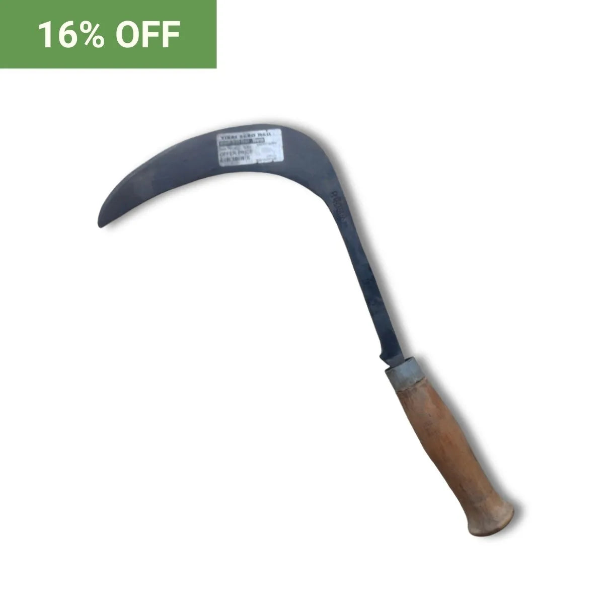 Sickle with wooden handle on a white background, promotional text '16% OFF' in green box.