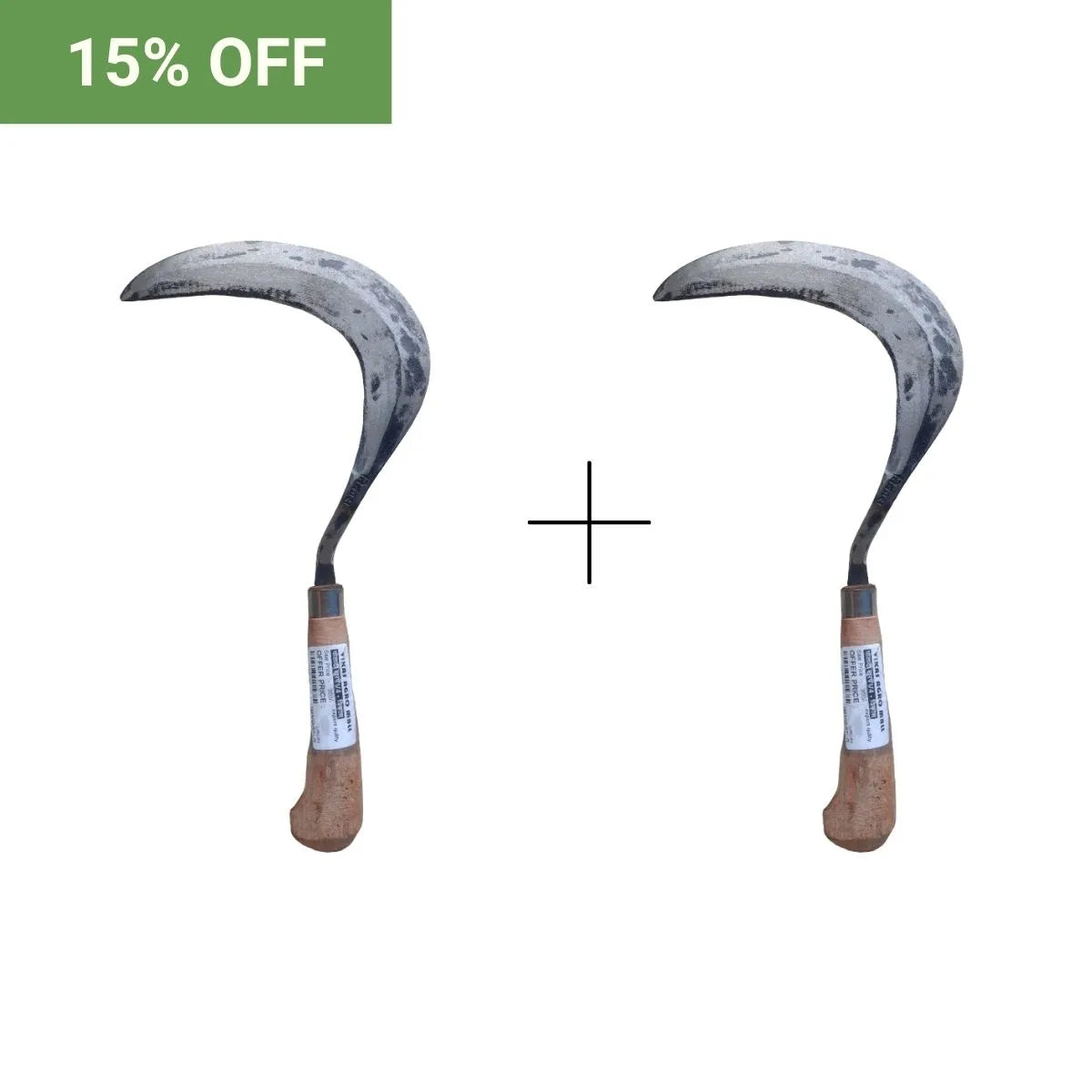 Two sickles with wooden handles on a white background, promotional text '15% OFF' in green box.