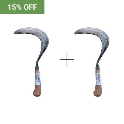 Two sickles with wooden handles on a white background, promotional text '15% OFF' in green box.