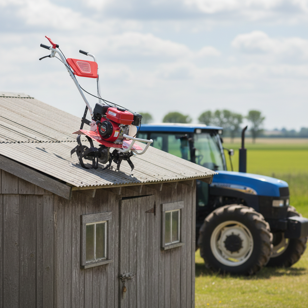 Small Cultivator on a wooden shed with a tractor in the background