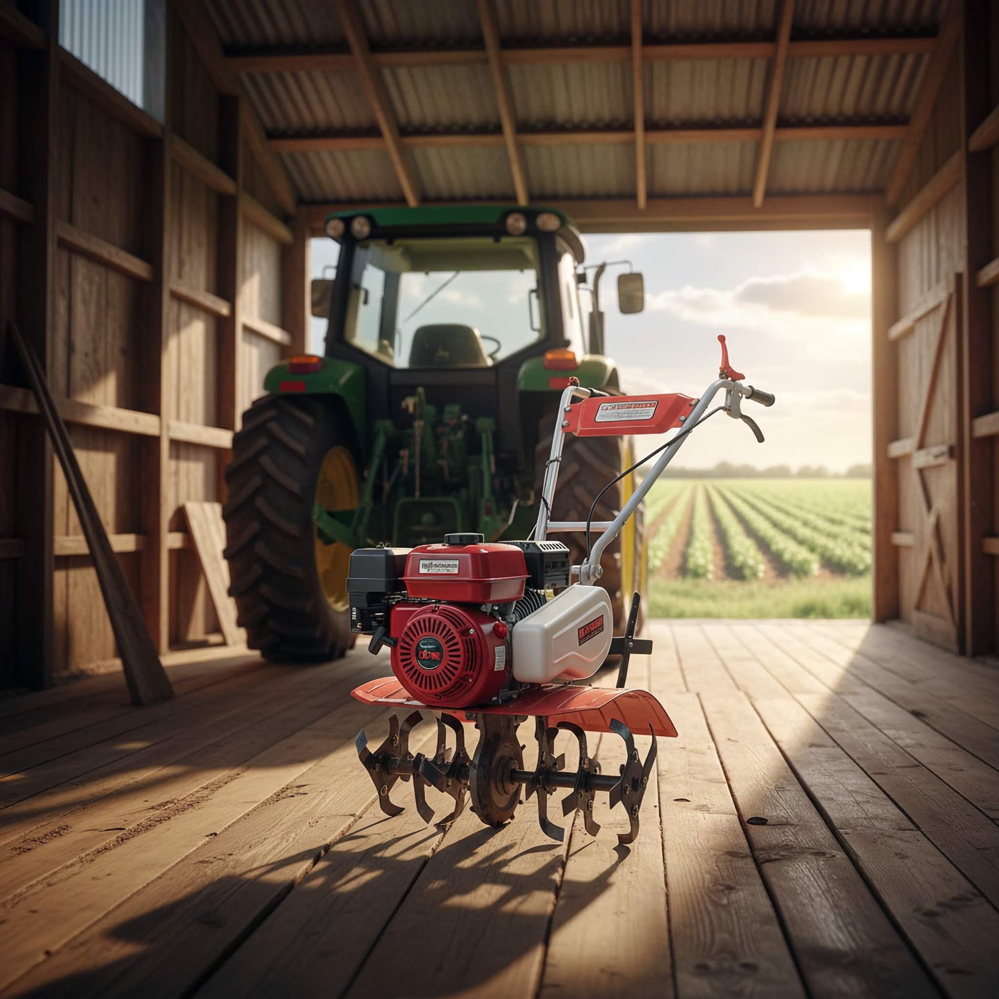 Tractor with a plow inside a barn looking out onto a field