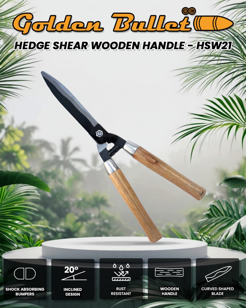 Hedge shear with wooden handle on a white pedestal against a green leafy background, branded 'Golden Bullet'.