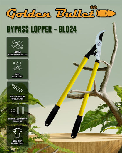 Bypass lopper with features highlighted on a green background, branded as 'Golden Bullet'.
