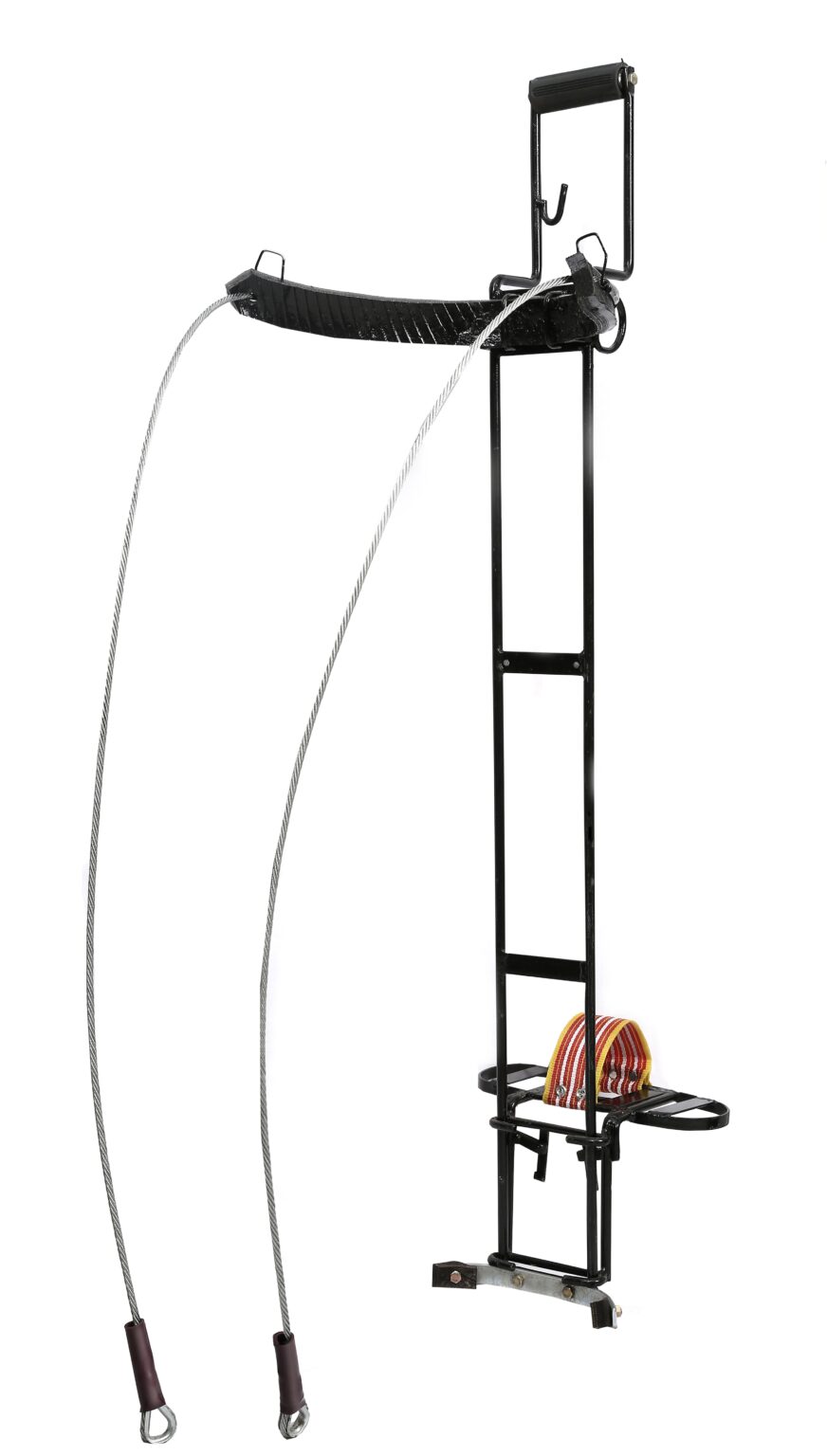 Black ladder-style climbing device with steel wires on a white background