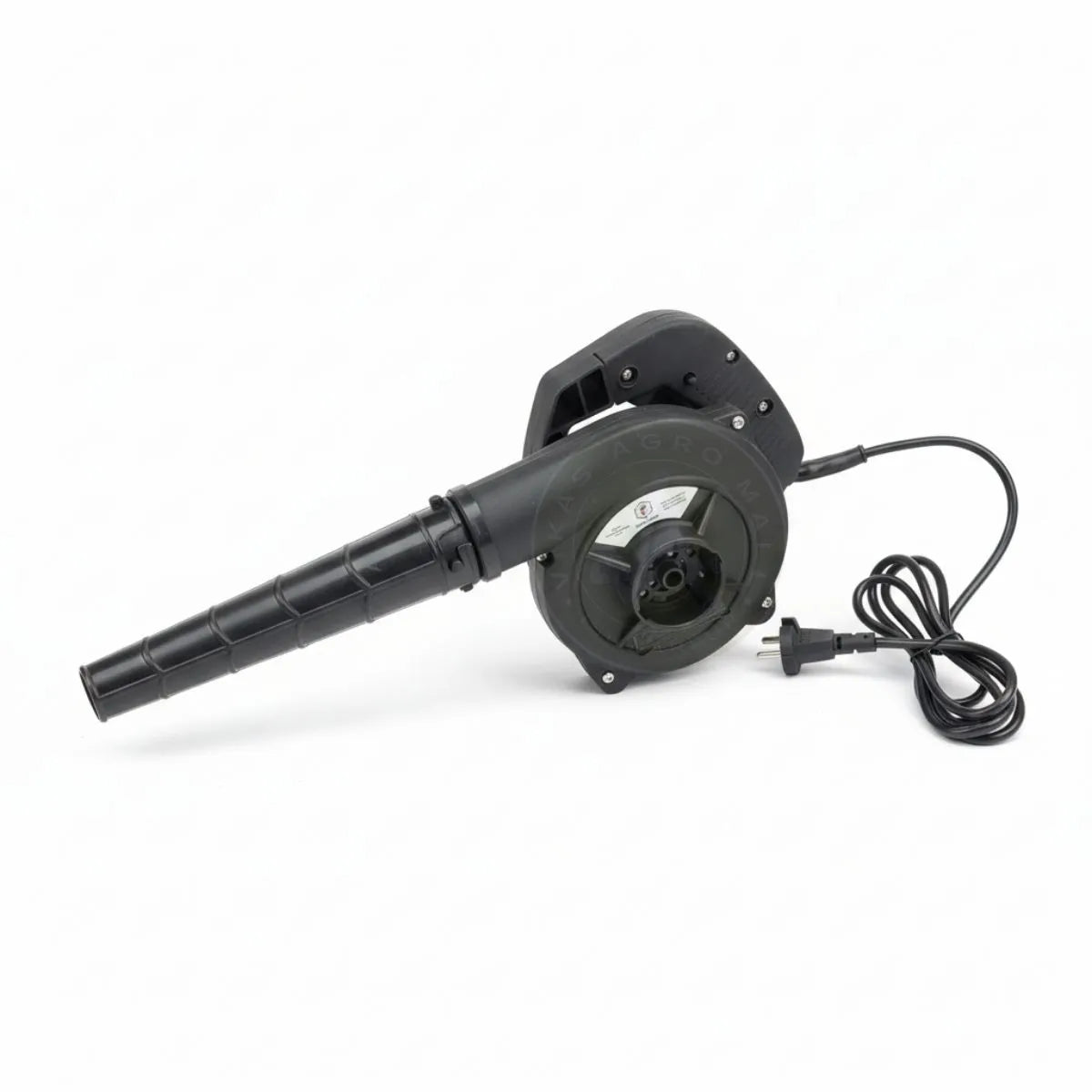 Black leaf blower with hose and plug on a white background