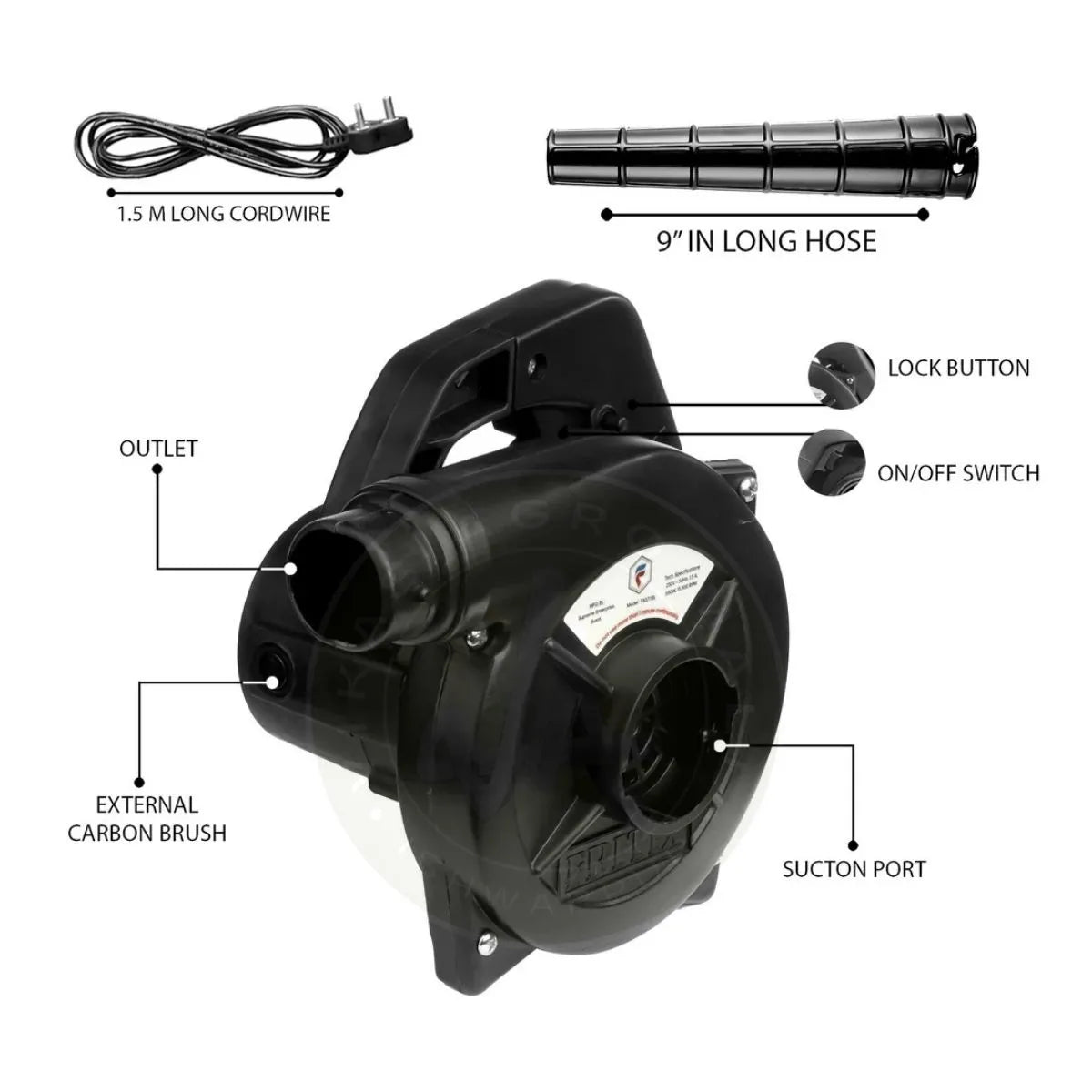 Black air blower with labeled parts on a white background