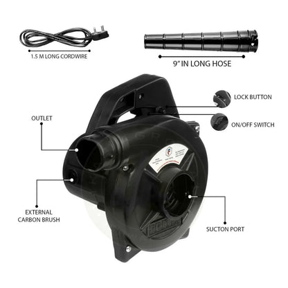 Black air blower with labeled parts on a white background