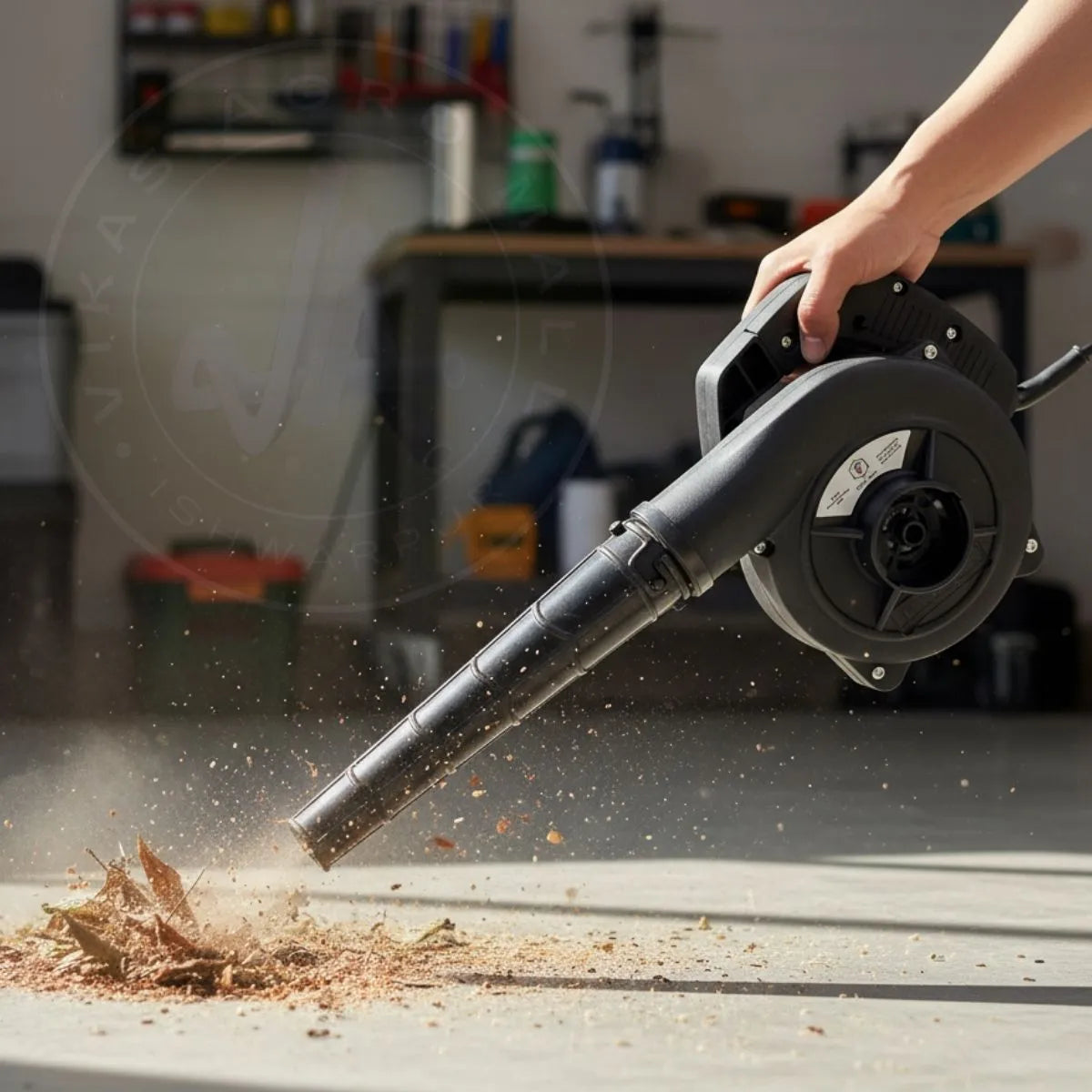 Person using a leaf blower in a workshop setting