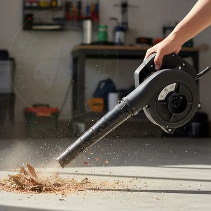 Person using a leaf blower in a workshop setting