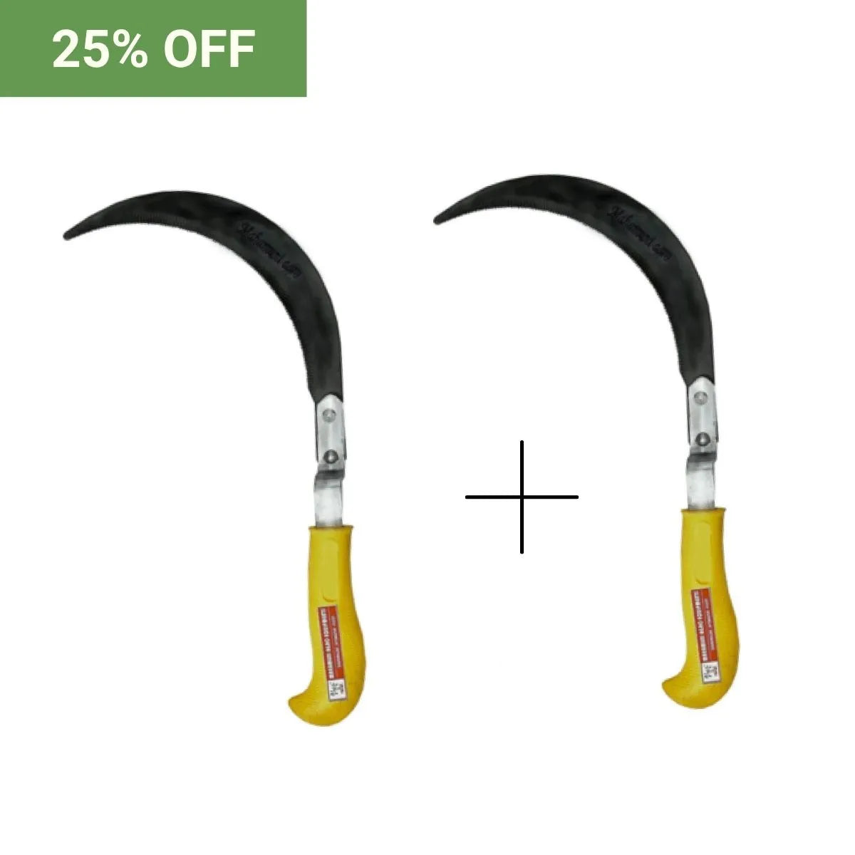 Two pairs of Bend Sickles with yellow handles on a white background, one pair with a '25% OFF' label.