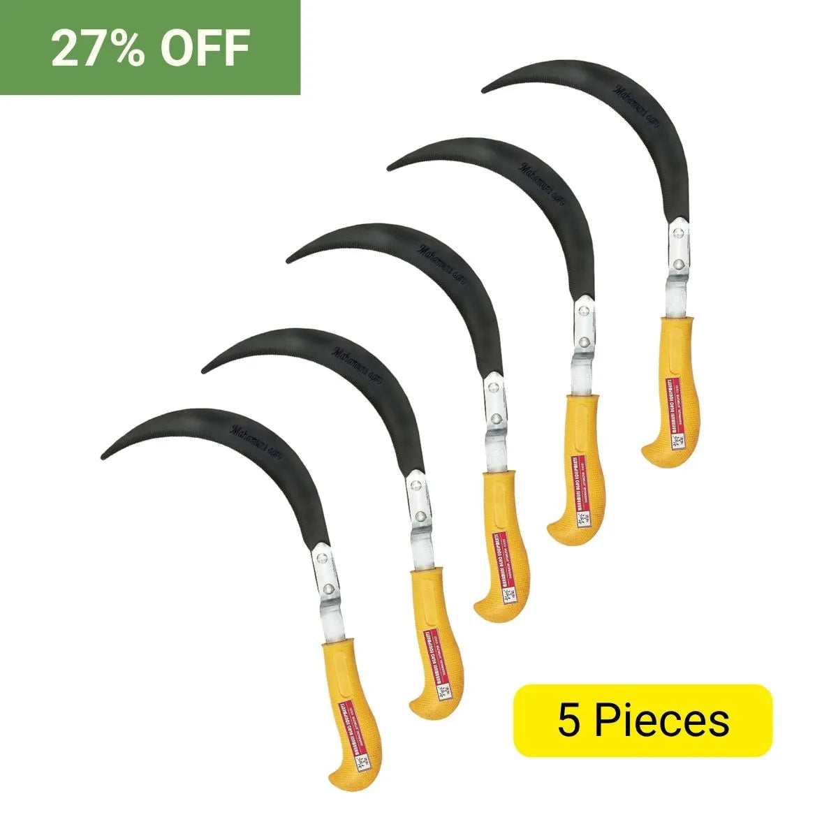 Set of five bend sickles with yellow handles and black blades, on a white background with promotional text.